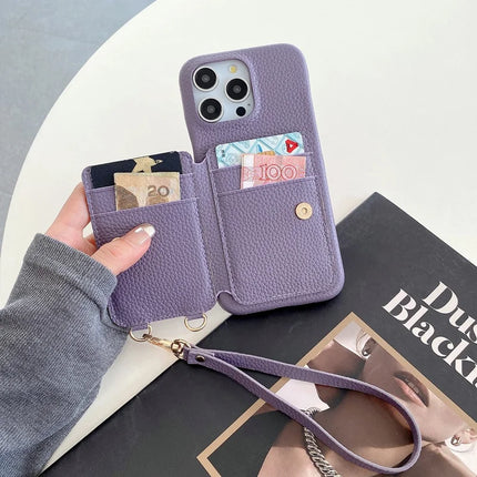 For iPhone 16 Pro Max Case Card Slots Kickstand PU Leather Back Cover with Ring Holder, Wrist Strap