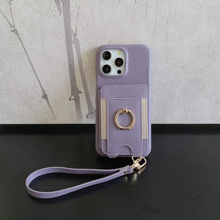 For iPhone 16 Pro Max Case Card Slots Kickstand PU Leather Back Cover with Ring Holder, Wrist Strap