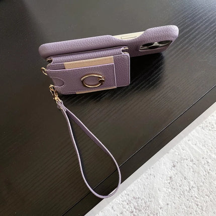 For iPhone 16 Pro Max Case Card Slots Kickstand PU Leather Back Cover with Ring Holder, Wrist Strap