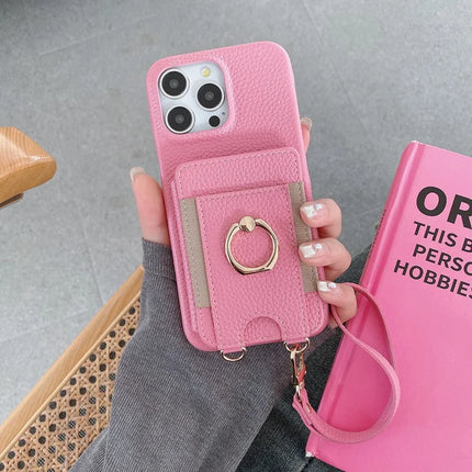 For iPhone 16 Pro Max Case Card Slots Kickstand PU Leather Back Cover with Ring Holder, Wrist Strap - Pink