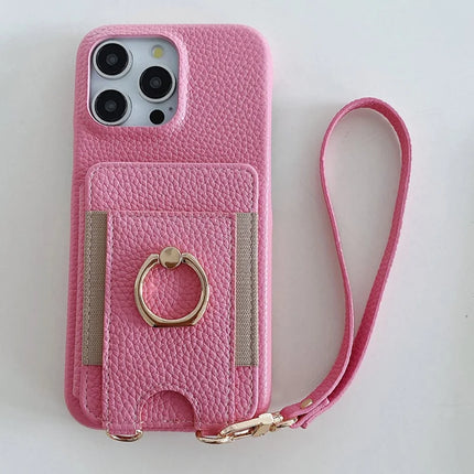 For iPhone 16 Pro Max Case Card Slots Kickstand PU Leather Back Cover with Ring Holder, Wrist Strap