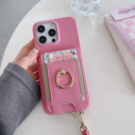 For iPhone 16 Pro Max Case Card Slots Kickstand PU Leather Back Cover with Ring Holder, Wrist Strap