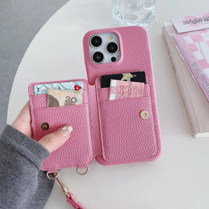 For iPhone 16 Pro Max Case Card Slots Kickstand PU Leather Back Cover with Ring Holder, Wrist Strap
