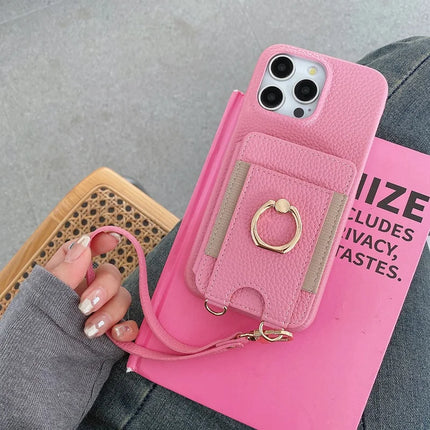 For iPhone 16 Pro Max Case Card Slots Kickstand PU Leather Back Cover with Ring Holder, Wrist Strap