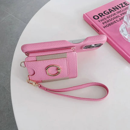 For iPhone 16 Pro Max Case Card Slots Kickstand PU Leather Back Cover with Ring Holder, Wrist Strap