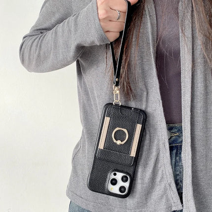 For iPhone 16 Pro Case Card Slots Kickstand PU Leather Back Cover with Ring Holder, Wrist Strap
