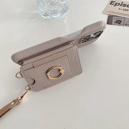 For iPhone 16 Pro Case Card Slots Kickstand PU Leather Back Cover with Ring Holder, Wrist Strap