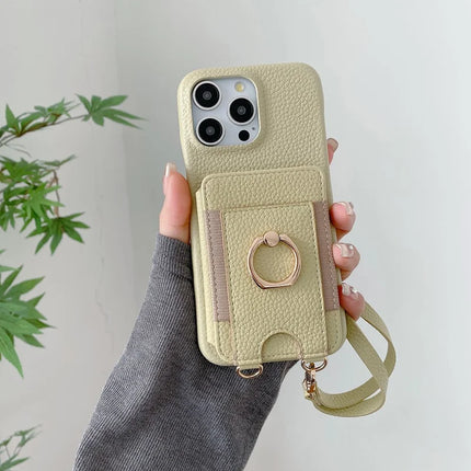 For iPhone 16 Pro Case Card Slots Kickstand PU Leather Back Cover with Ring Holder, Wrist Strap
