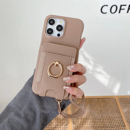 For iPhone 16 Pro Case Card Slots Kickstand PU Leather Back Cover with Ring Holder, Wrist Strap