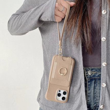 For iPhone 16 Pro Case Card Slots Kickstand PU Leather Back Cover with Ring Holder, Wrist Strap