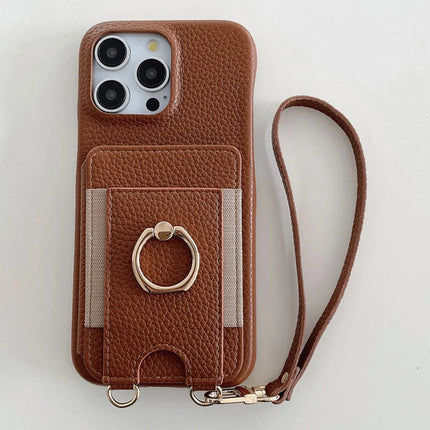 For iPhone 16 Pro Case Card Slots Kickstand PU Leather Back Cover with Ring Holder, Wrist Strap
