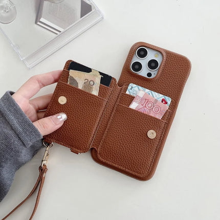 For iPhone 16 Pro Case Card Slots Kickstand PU Leather Back Cover with Ring Holder, Wrist Strap