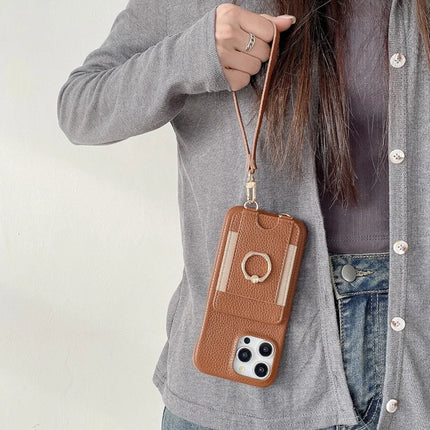 For iPhone 16 Pro Case Card Slots Kickstand PU Leather Back Cover with Ring Holder, Wrist Strap