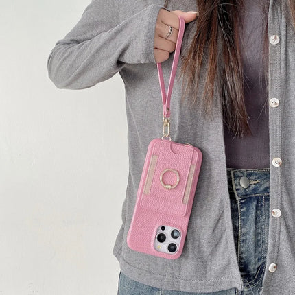 For iPhone 15 Pro Max Case Card Slots Kickstand PU Leather Back Cover with Ring Holder, Wrist Strap