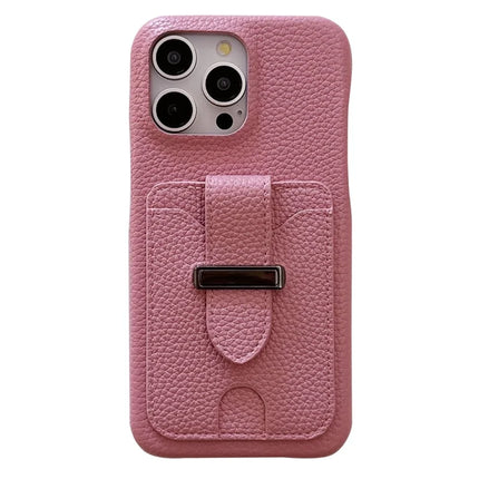 For iPhone 16 Pro Max Case with Card Slots Litchi Texture Leather + PET Phone Cover - Pink