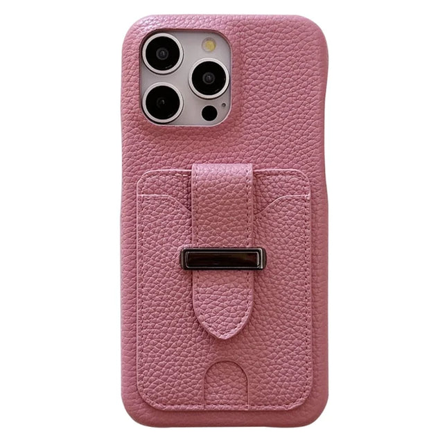 For iPhone 16 Pro Max Case with Card Slots Litchi Texture Leather + PET Phone Cover - Pink