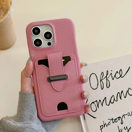 For iPhone 16 Pro Max Case with Card Slots Litchi Texture Leather + PET Phone Cover