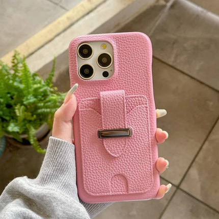 For iPhone 16 Pro Max Case with Card Slots Litchi Texture Leather + PET Phone Cover