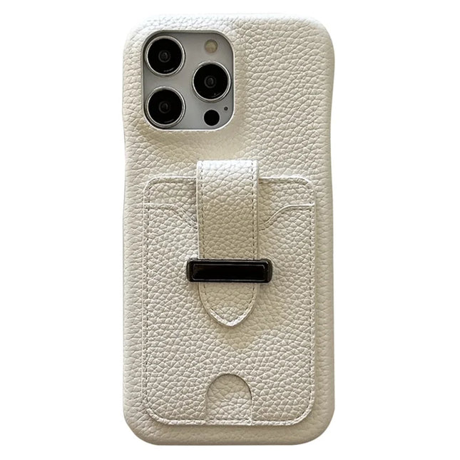 For iPhone 16 Pro Max Case with Card Slots Litchi Texture Leather + PET Phone Cover - White