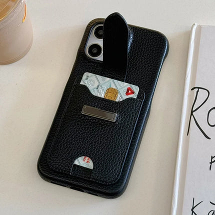 For iPhone 16 Pro Max Case with Card Slots Litchi Texture Leather + PET Phone Cover