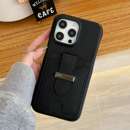 For iPhone 16 Pro Max Case with Card Slots Litchi Texture Leather + PET Phone Cover
