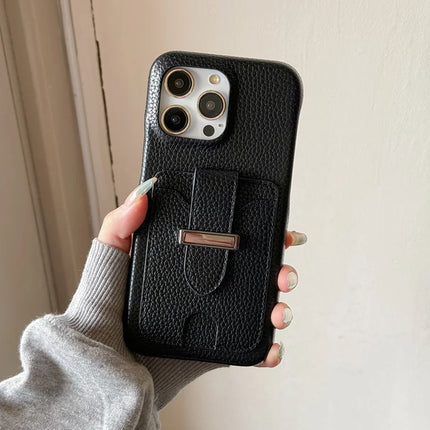 For iPhone 16 Pro Max Case with Card Slots Litchi Texture Leather + PET Phone Cover