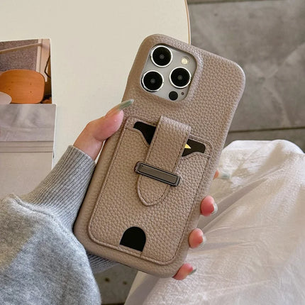 For iPhone 16 Pro Max Case with Card Slots Litchi Texture Leather + PET Phone Cover