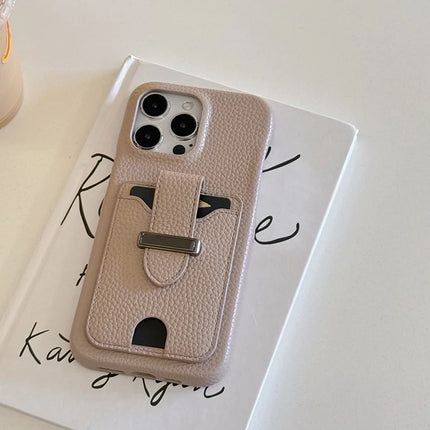 For iPhone 16 Pro Max Case with Card Slots Litchi Texture Leather + PET Phone Cover