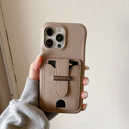 For iPhone 16 Pro Max Case with Card Slots Litchi Texture Leather + PET Phone Cover