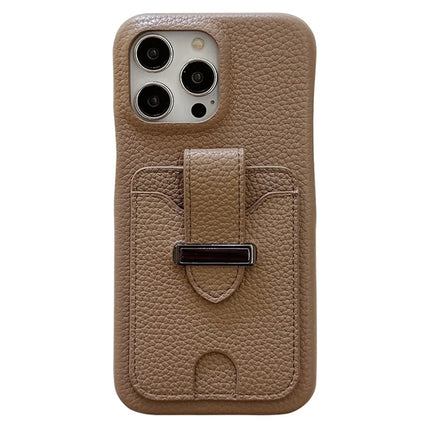 For iPhone 16 Pro Max Case with Card Slots Litchi Texture Leather + PET Phone Cover - Light Brown