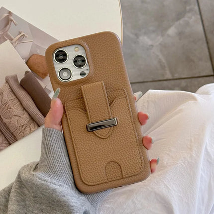 For iPhone 16 Pro Max Case with Card Slots Litchi Texture Leather + PET Phone Cover