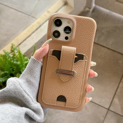 For iPhone 16 Pro Max Case with Card Slots Litchi Texture Leather + PET Phone Cover