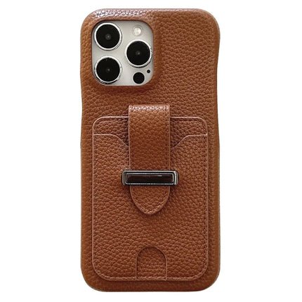 For iPhone 16 Pro Max Case with Card Slots Litchi Texture Leather + PET Phone Cover - Dark Brown