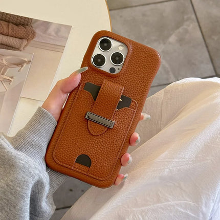 For iPhone 16 Pro Max Case with Card Slots Litchi Texture Leather + PET Phone Cover