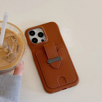 For iPhone 16 Pro Max Case with Card Slots Litchi Texture Leather + PET Phone Cover
