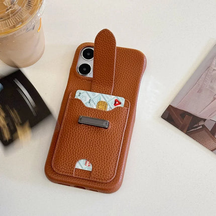 For iPhone 16 Pro Max Case with Card Slots Litchi Texture Leather + PET Phone Cover