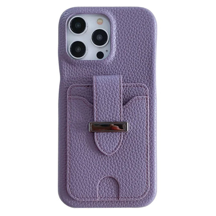 For iPhone 16 Pro Max Case with Card Slots Litchi Texture Leather + PET Phone Cover - Purple