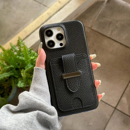 For iPhone 16 Pro Case with Card Slots Litchi Texture Leather + PET Phone Cover