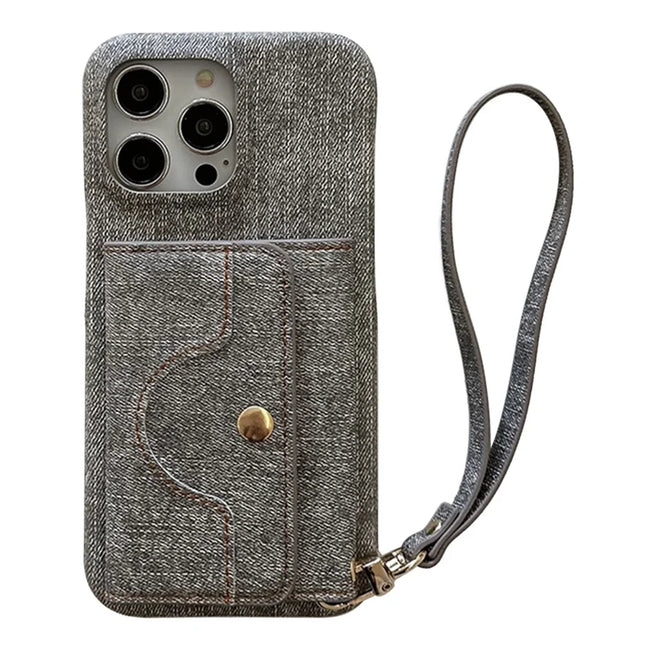 For iPhone 16 Pro Max Case Card Slots Mirror Design Jeans Cloth Texture PU Leather Back Cover with Strap - Grey