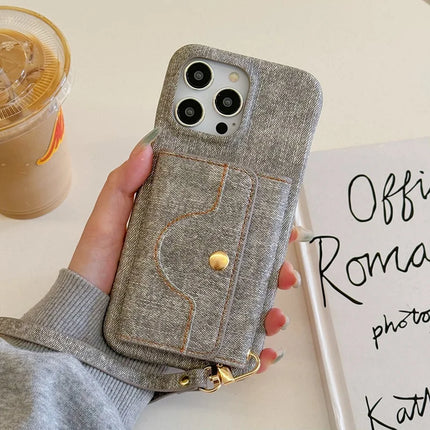 For iPhone 16 Pro Max Case Card Slots Mirror Design Jeans Cloth Texture PU Leather Back Cover with Strap