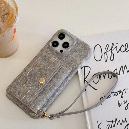 For iPhone 16 Pro Max Case Card Slots Mirror Design Jeans Cloth Texture PU Leather Back Cover with Strap