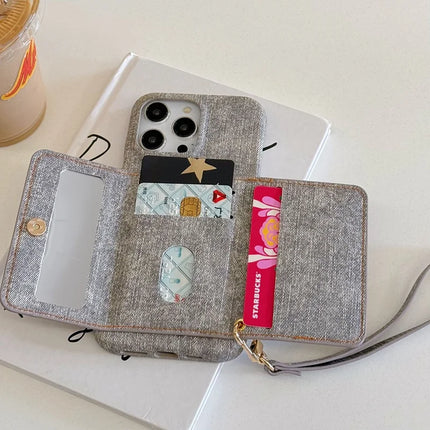 For iPhone 16 Pro Max Case Card Slots Mirror Design Jeans Cloth Texture PU Leather Back Cover with Strap