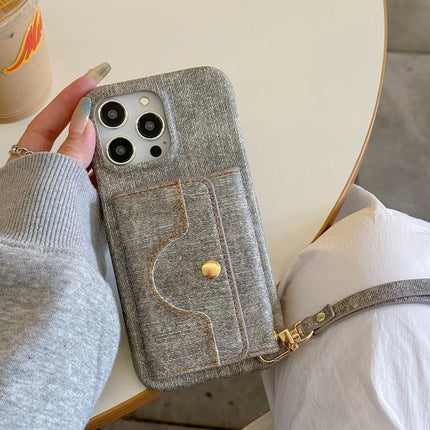 For iPhone 16 Pro Max Case Card Slots Mirror Design Jeans Cloth Texture PU Leather Back Cover with Strap