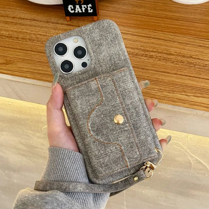 For iPhone 16 Pro Max Case Card Slots Mirror Design Jeans Cloth Texture PU Leather Back Cover with Strap