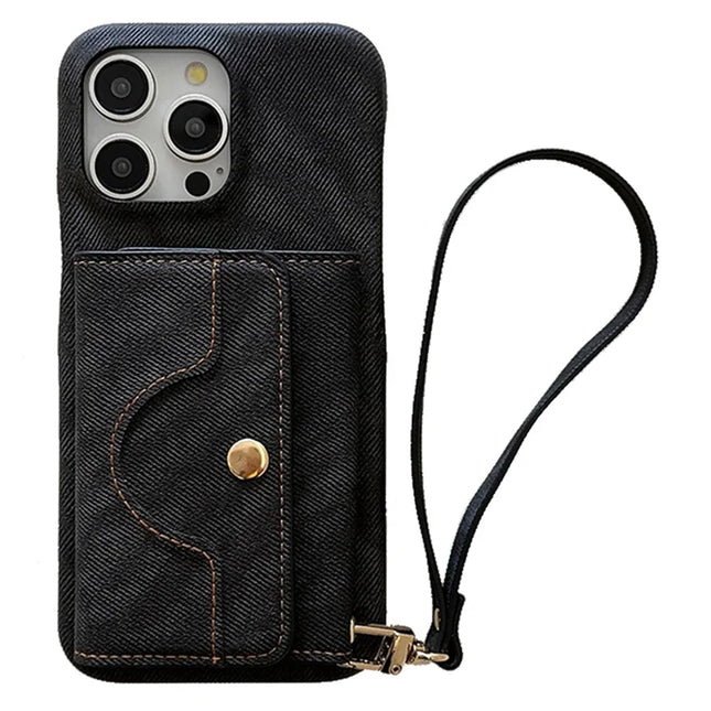 For iPhone 16 Pro Max Case Card Slots Mirror Design Jeans Cloth Texture PU Leather Back Cover with Strap - Black