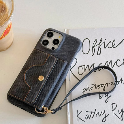 For iPhone 16 Pro Max Case Card Slots Mirror Design Jeans Cloth Texture PU Leather Back Cover with Strap