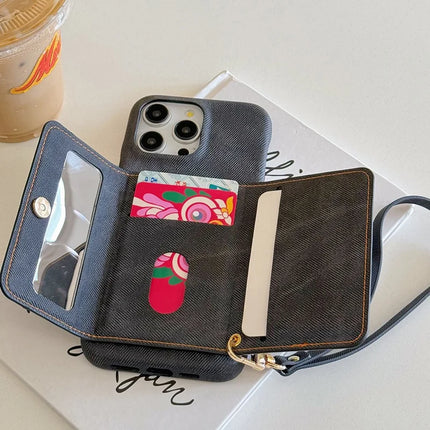 For iPhone 16 Pro Max Case Card Slots Mirror Design Jeans Cloth Texture PU Leather Back Cover with Strap