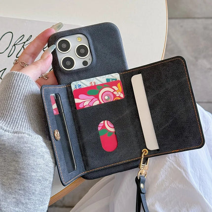 For iPhone 16 Pro Max Case Card Slots Mirror Design Jeans Cloth Texture PU Leather Back Cover with Strap