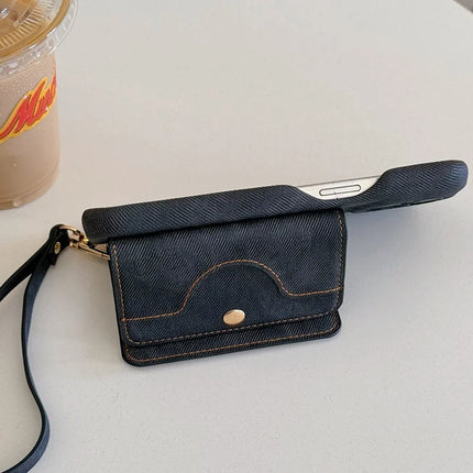 For iPhone 16 Pro Max Case Card Slots Mirror Design Jeans Cloth Texture PU Leather Back Cover with Strap
