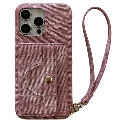 For iPhone 16 Pro Max Case Card Slots Mirror Design Jeans Cloth Texture PU Leather Back Cover with Strap - Pink
